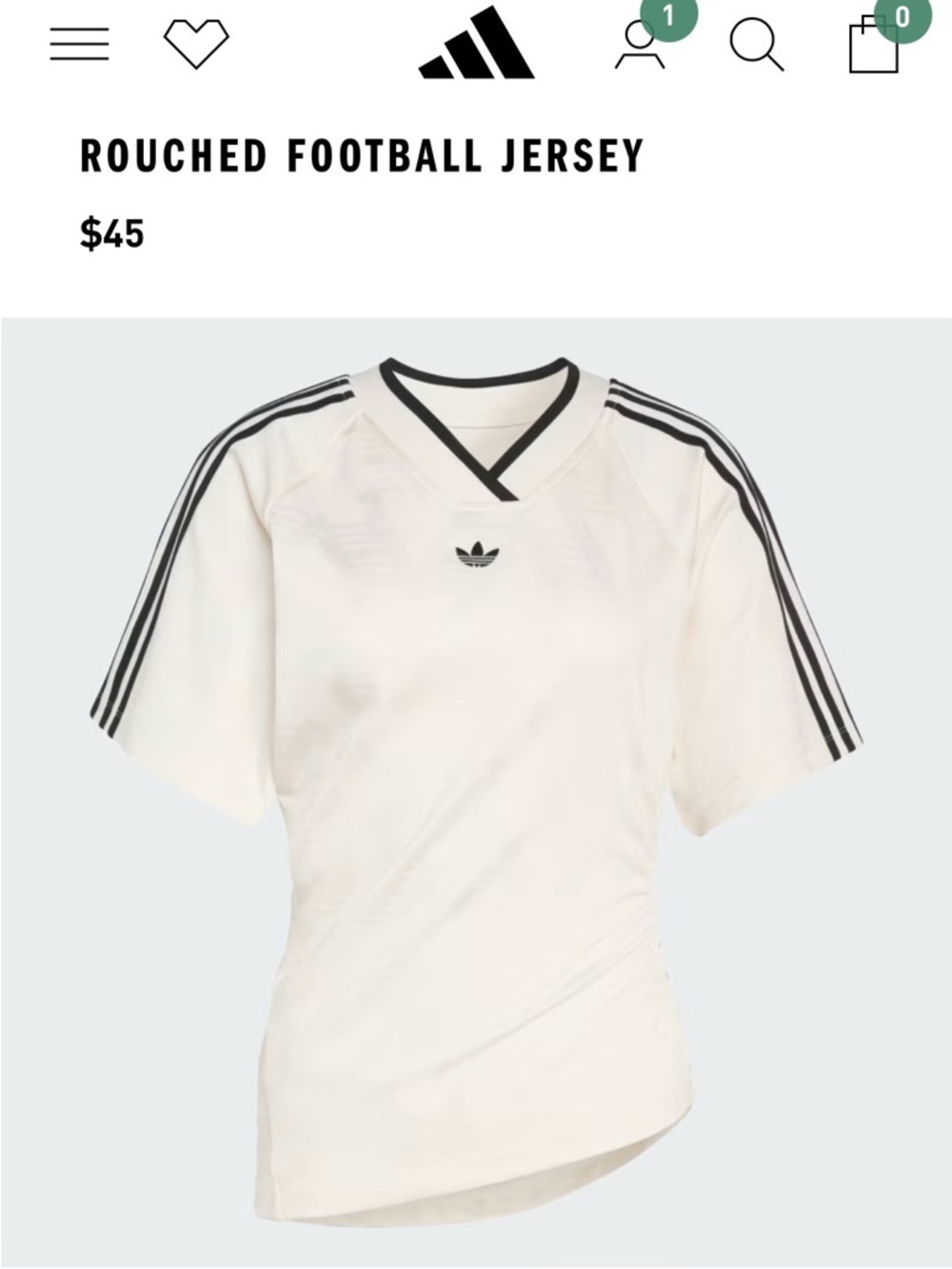 Adidas Rouched White Jersey with Black Trim and Three Stripes